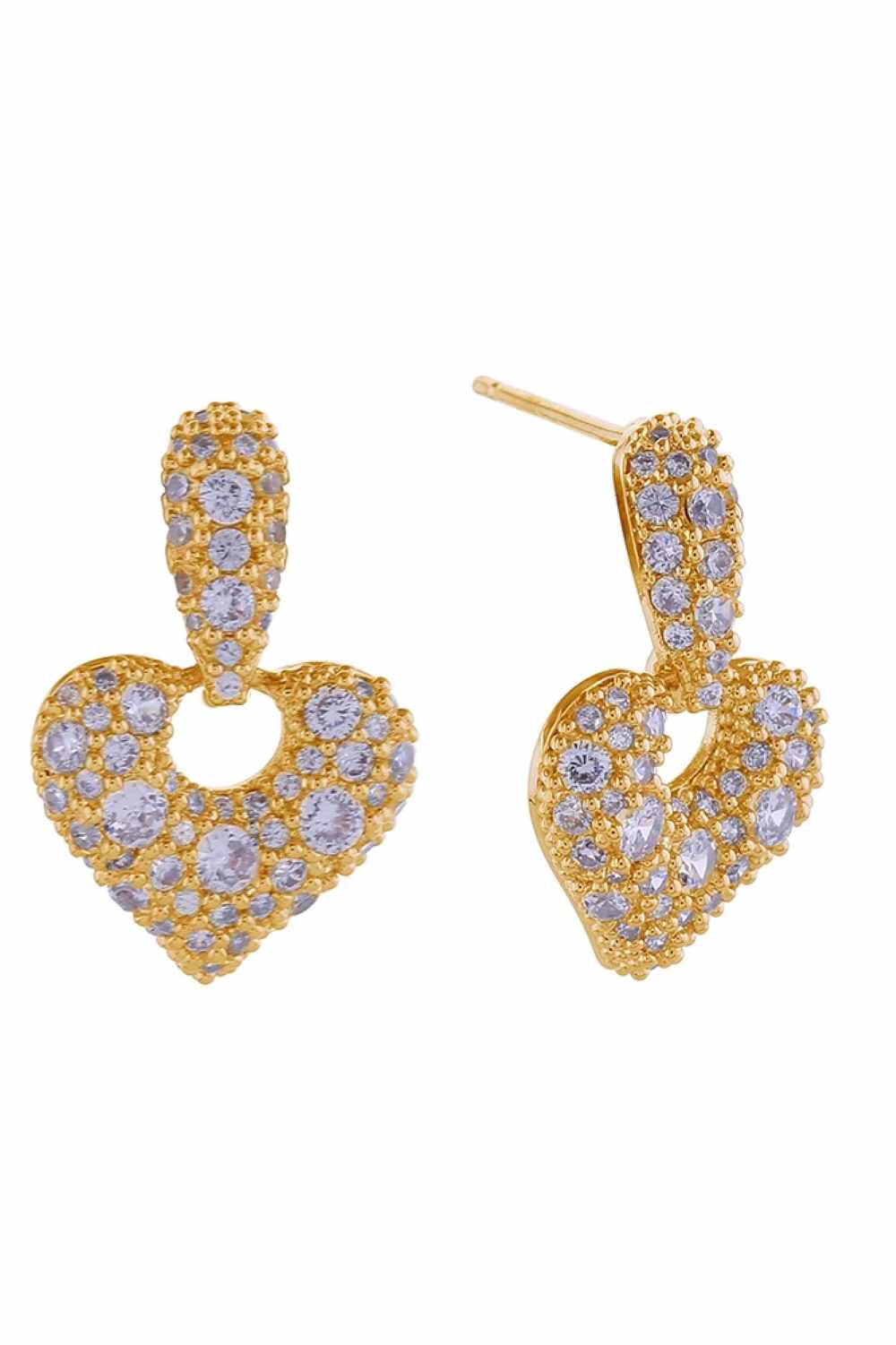 Gold Elegant heart-shaped drop earrings featuring a sparkling cluster of cubic zirconia stones set in 14K gold or white gold-dipped brass. Measuring 2.1cm in diameter, these hypoallergenic post earrings are perfect for sensitive ears. Crafted in Korea with lead and nickel-free materials, they combine timeless style with everyday wearability. A versatile addition to any jewelry collection.