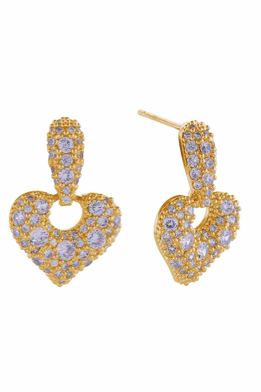 Gold Elegant heart-shaped drop earrings featuring a sparkling cluster of cubic zirconia stones set in 14K gold or white gold-dipped brass. Measuring 2.1cm in diameter, these hypoallergenic post earrings are perfect for sensitive ears. Crafted in Korea with lead and nickel-free materials, they combine timeless style with everyday wearability. A versatile addition to any jewelry collection.