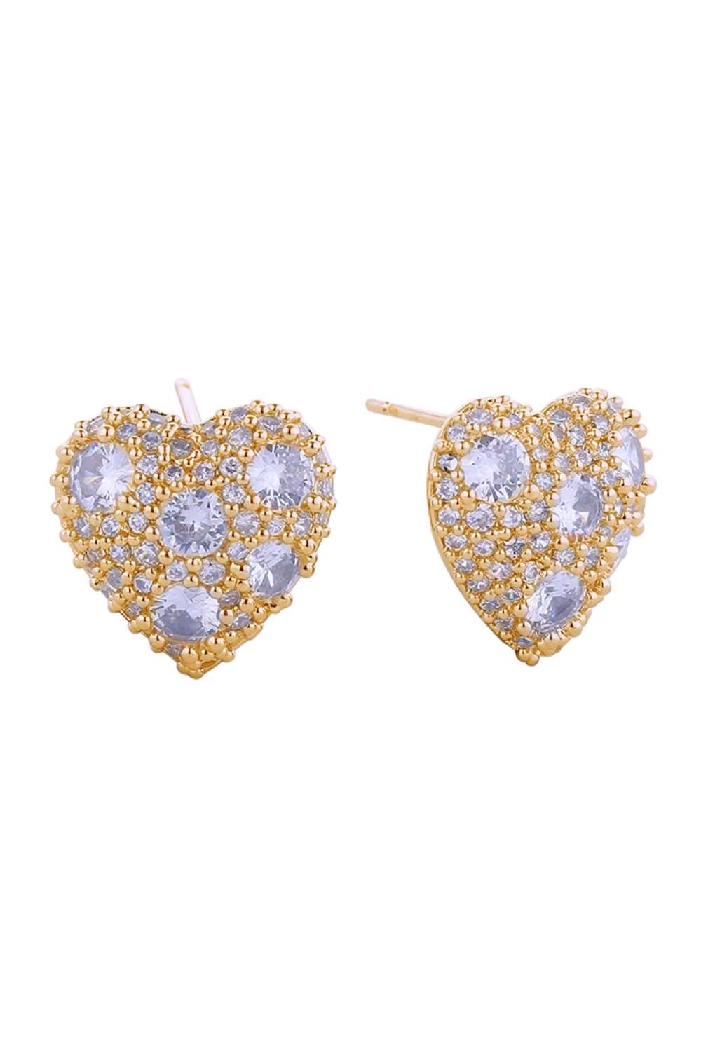 Gold Elegant 14K gold and white gold dipped heart post earrings featuring a sparkling cluster of cubic zirconia stones. Crafted from hypoallergenic brass, these earrings are perfect for sensitive skin and comply with lead and nickel regulations. The delicate 1.3cm design offers timeless sophistication for everyday wear or special occasions. Made in Korea with quality craftsmanship.