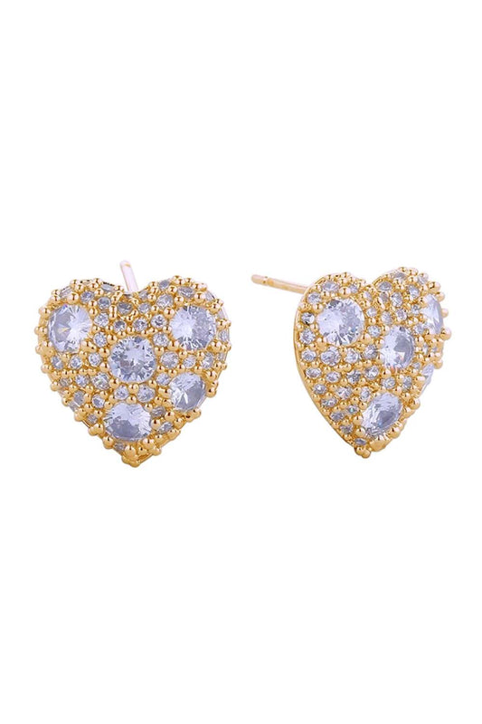 Gold Elegant 14K gold and white gold dipped heart post earrings featuring a sparkling cluster of cubic zirconia stones. Crafted from hypoallergenic brass, these earrings are perfect for sensitive skin and comply with lead and nickel regulations. The delicate 1.3cm design offers timeless sophistication for everyday wear or special occasions. Made in Korea with quality craftsmanship.