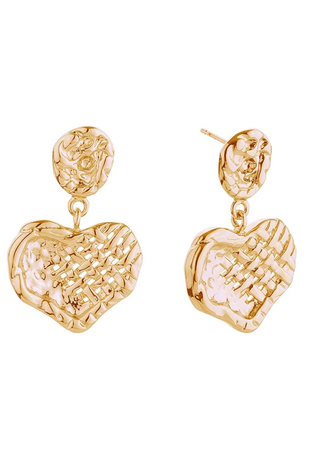 Gold Elegant heart-shaped drop earrings crafted in brass with a hypoallergenic finish. Each earring measures 3.3cm in diameter, offering a delicate yet noticeable presence. Designed with post backs for secure, comfortable wear. Lead and nickel compliant, making them safe for sensitive skin. Perfect for everyday elegance or special occasions.