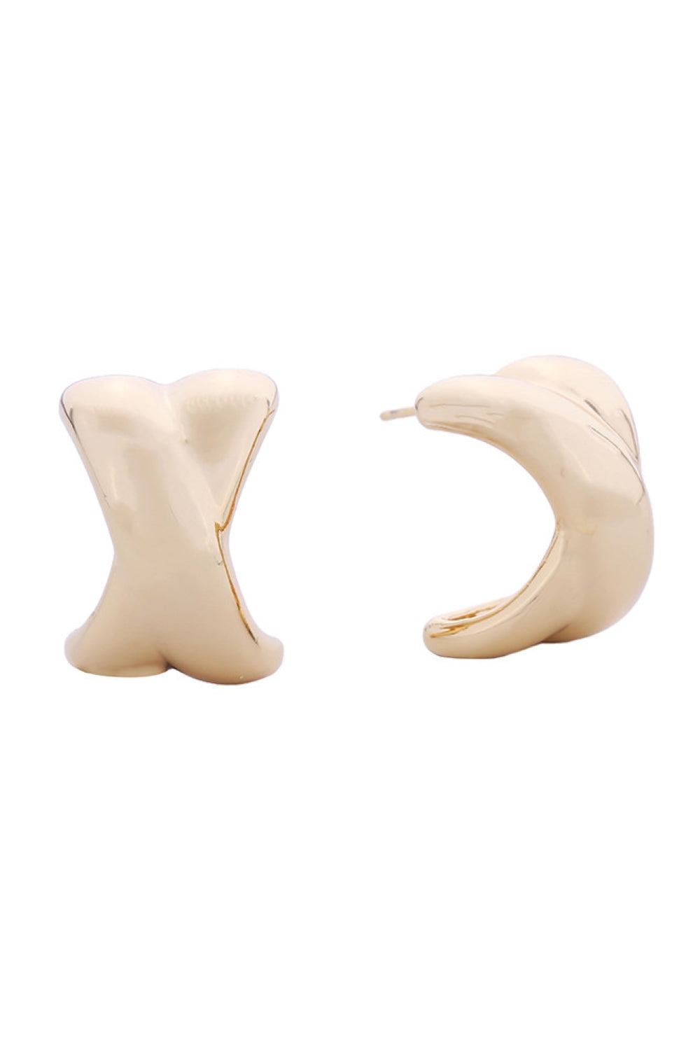 Gold Elegant criss cross post earrings crafted in brass with 14K gold or white gold dipping. These hypoallergenic studs measure 3.3cm and are perfect for everyday wear or special occasions. Lead and nickel compliant for sensitive skin. Expertly made in Korea with quality craftsmanship you can trust.