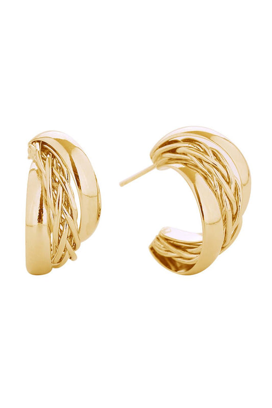 Gold Elegant crossover hoop post earrings crafted in brass with 14K gold and white gold dipping. These hypoallergenic studs measure 2.2cm and are lead and nickel compliant, making them safe for sensitive skin. Designed and made in Korea, they offer a timeless look with modern comfort. Perfect for everyday wear or special occasions.