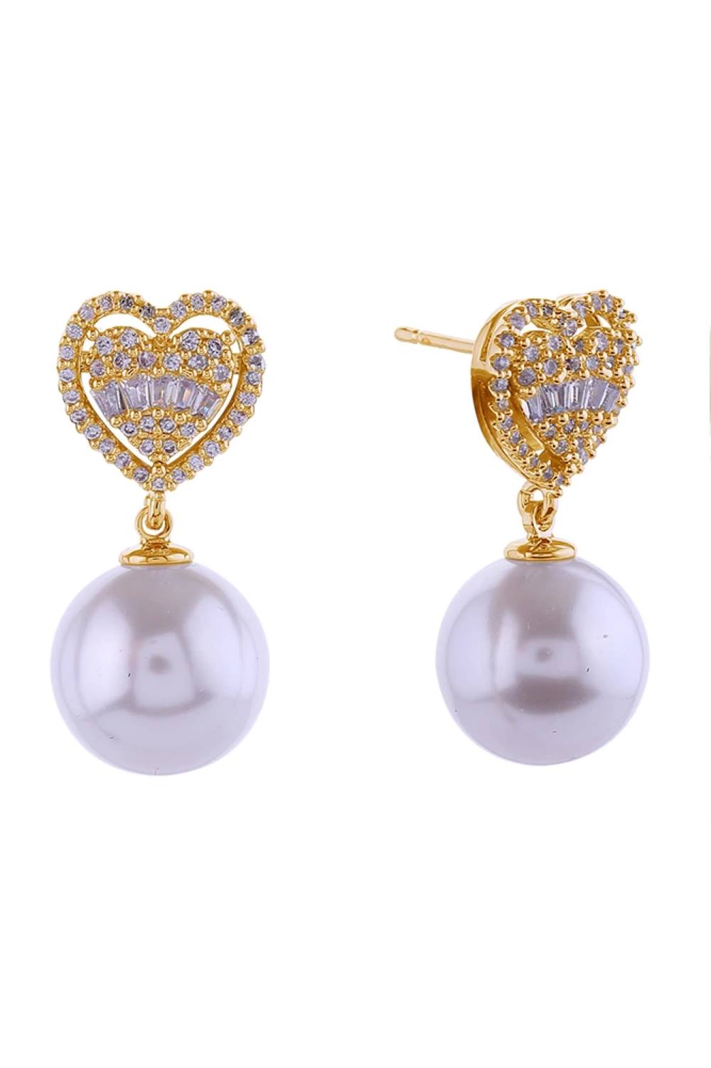 Gold Elegant pearl dangle earrings featuring a sparkling crystal heart top, dipped in lustrous 14K gold or white gold plating. Crafted from hypoallergenic brass with cubic zirconia accents and genuine pearls for timeless sophistication. Measuring 2.5cm in diameter, these earrings offer the perfect balance of statement style and wearable comfort. Lead and nickel compliant, making them safe for sensitive skin. Expertly made in Korea with attention to quality craftsmanship.