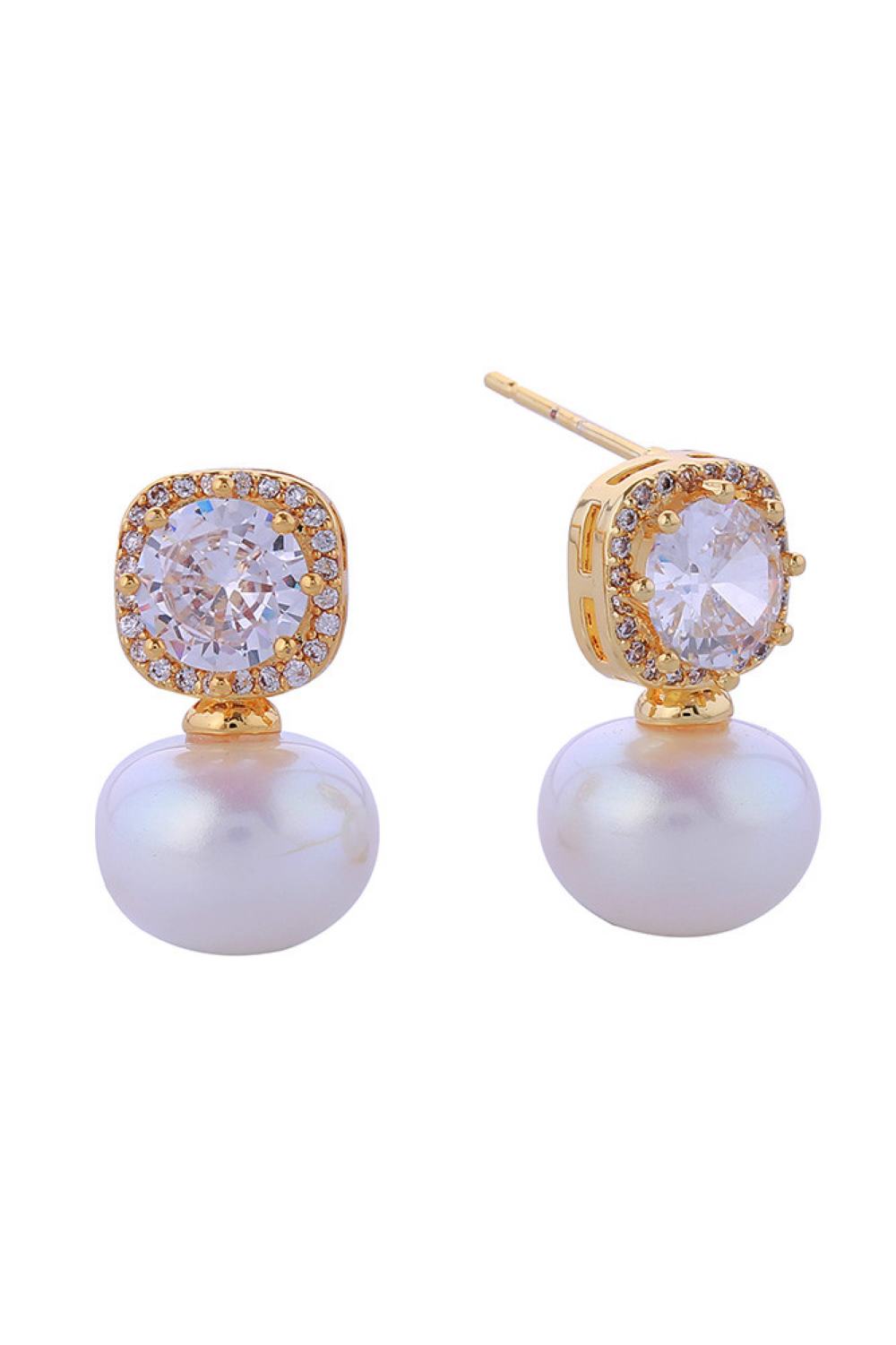 Gold Elegant drop earrings featuring lustrous crystal pearls with a sophisticated 14K gold and white dipped finish. Crafted from hypoallergenic brass with cubic zirconia accents for added sparkle. Each earring measures 2cm in diameter, offering a refined yet understated look. Lead and nickel compliant for sensitive skin. Perfect for everyday wear or special occasions.