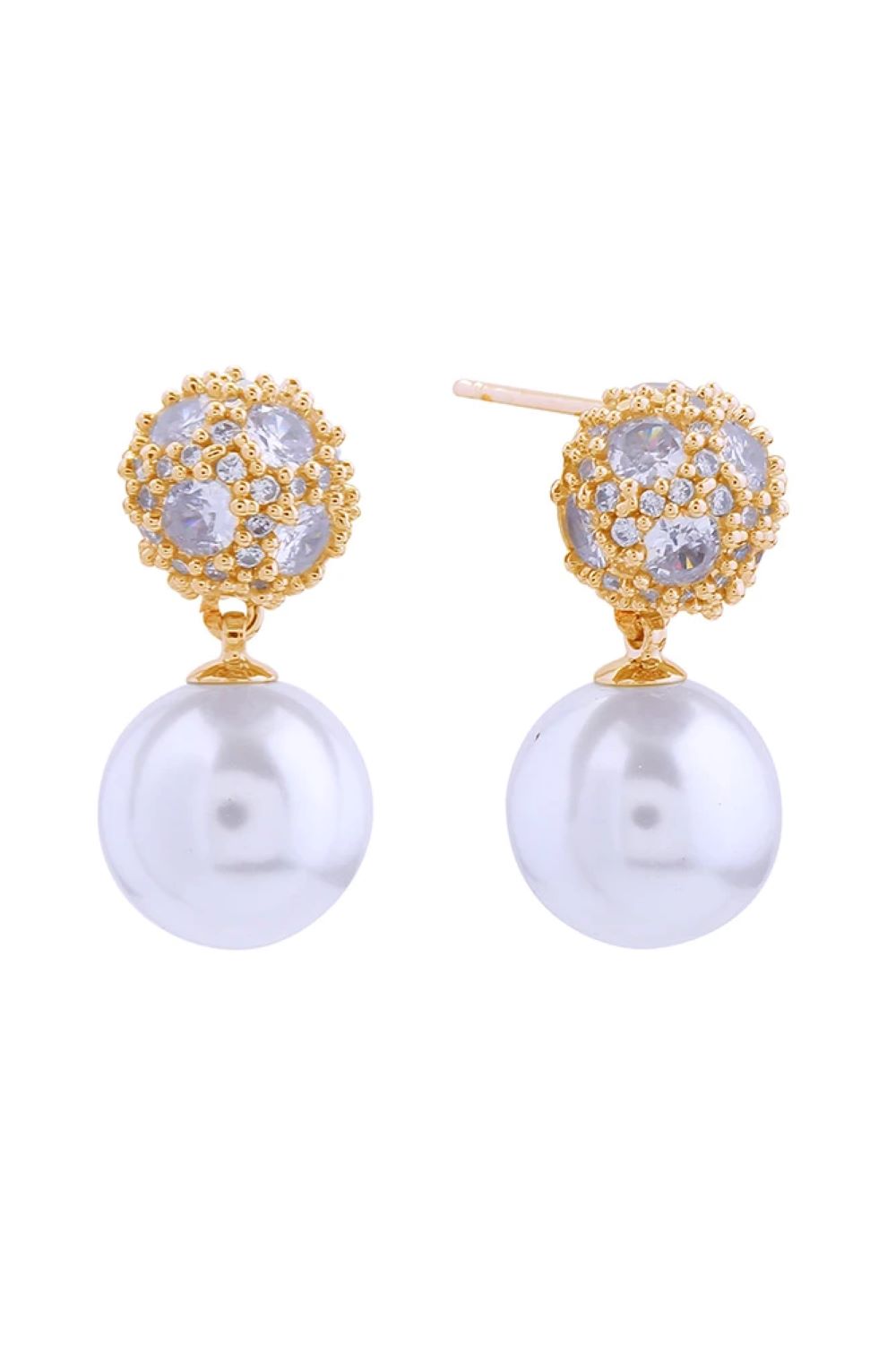 Gold Elegant pearl drop earrings featuring a sparkling cubic zirconia top, dipped in lustrous 14K gold or white gold plating. Crafted from hypoallergenic brass with a 2.5cm diameter, these earrings combine timeless sophistication with everyday wearability. Lead and nickel compliant for sensitive skin. Made in Korea with meticulous attention to detail, perfect for adding a touch of refined glamour to any occasion.