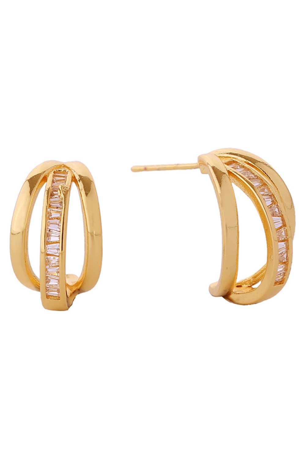 Gold Elevate your everyday look with these stunning 14K Gold and White Gold dipped triple hoop earrings. Crafted from hypoallergenic brass and adorned with sparkling cubic zirconia accents, these delicate 1.8cm hoops offer the perfect blend of elegance and versatility. Designed for sensitive skin and made in Korea, these earrings are lead and nickel compliant, ensuring safe, comfortable wear all day long.