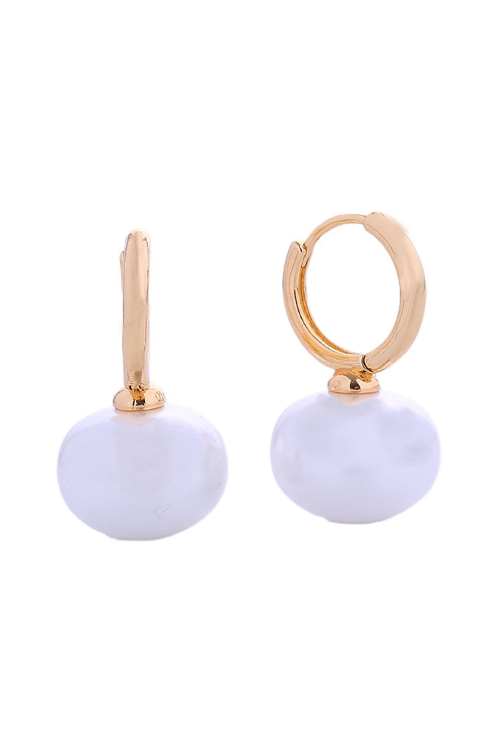 Gold Elegant dangling pearl huggie earrings crafted with 14K gold and white gold dipping over brass. Each earring measures 1.7cm and features lustrous pearls for a timeless, sophisticated look. Hypoallergenic design ensures comfort for sensitive ears. Lead and nickel compliant for safety and peace of mind. Expertly made in Korea with attention to quality craftsmanship. Perfect for everyday wear or special occasions.