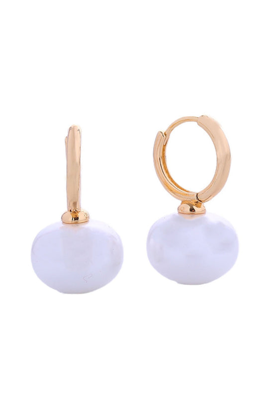 Gold Elegant dangling pearl huggie earrings crafted with 14K gold and white gold dipping over brass. Each earring measures 1.7cm and features lustrous pearls for a timeless, sophisticated look. Hypoallergenic design ensures comfort for sensitive ears. Lead and nickel compliant for safety and peace of mind. Expertly made in Korea with attention to quality craftsmanship. Perfect for everyday wear or special occasions.