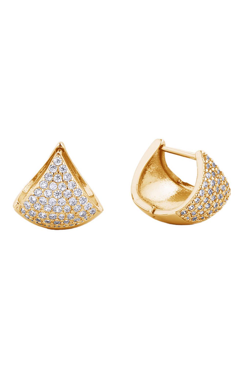 Gold Elegant huggie earrings crafted from brass with 14K gold and white dipping for a luxurious finish. Adorned with cubic zirconia pavé detailing that catches the light beautifully. Measuring 1.52cm in diameter, these versatile earrings offer a comfortable, close-to-ear fit perfect for everyday wear or special occasions. Hypoallergenic design ensures gentle wear for sensitive ears. Lead and nickel compliant for peace of mind. A timeless addition to any jewelry collection.