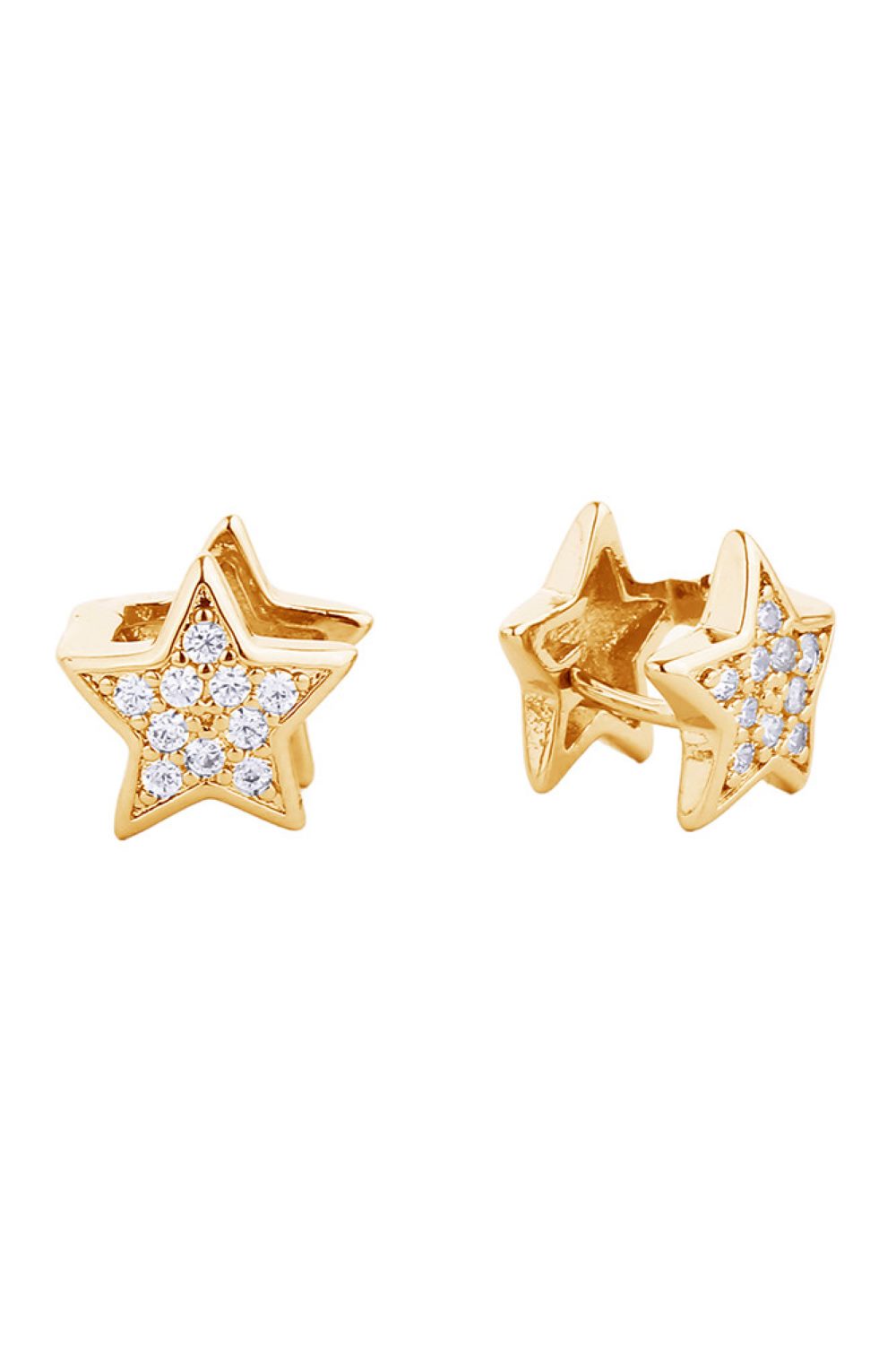 Gld Elegant huggie earrings featuring a lustrous 14K gold or white gold dip over brass. Each earring is adorned with sparkling cubic zirconia pavé detailing for a luxurious finish. With a delicate 1.02cm diameter, these hypoallergenic earrings are perfect for everyday wear and sensitive ears. Lead and nickel compliant for peace of mind. A timeless addition to any jewelry collection.