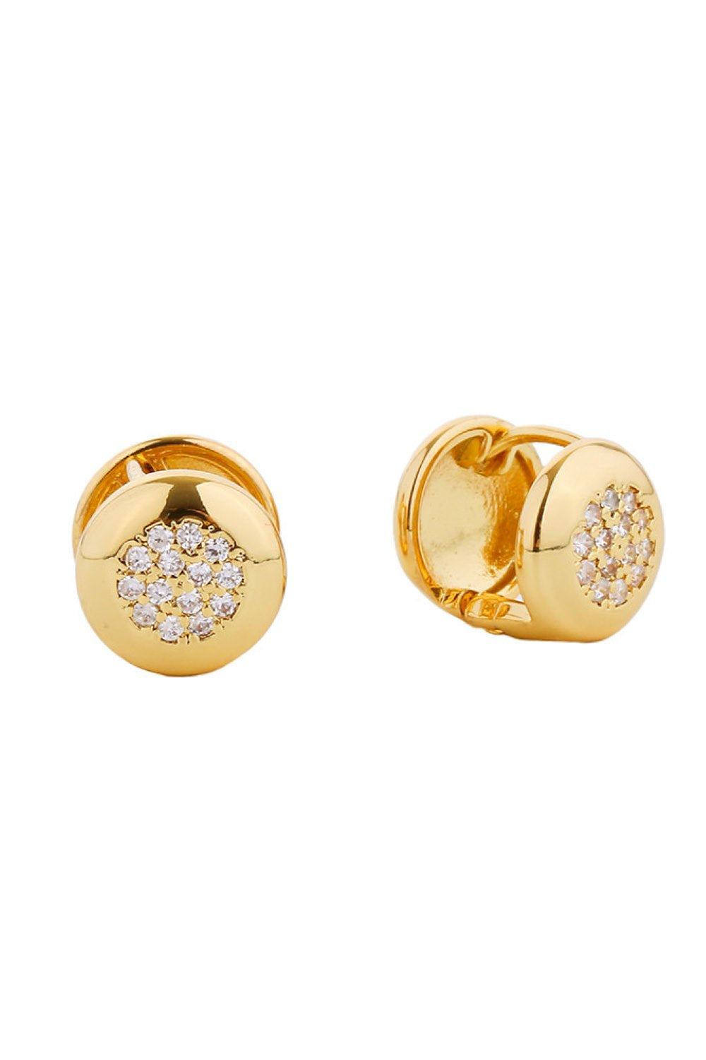 Gold Elegant huggie earrings featuring a lustrous 14K gold or white gold dip over brass. Each earring is adorned with sparkling cubic zirconia pavé detailing for a luxurious finish. With a delicate 1.02cm diameter, these hypoallergenic earrings are perfect for everyday wear and sensitive ears. Lead and nickel compliant for peace of mind. A timeless addition to any jewelry collection.