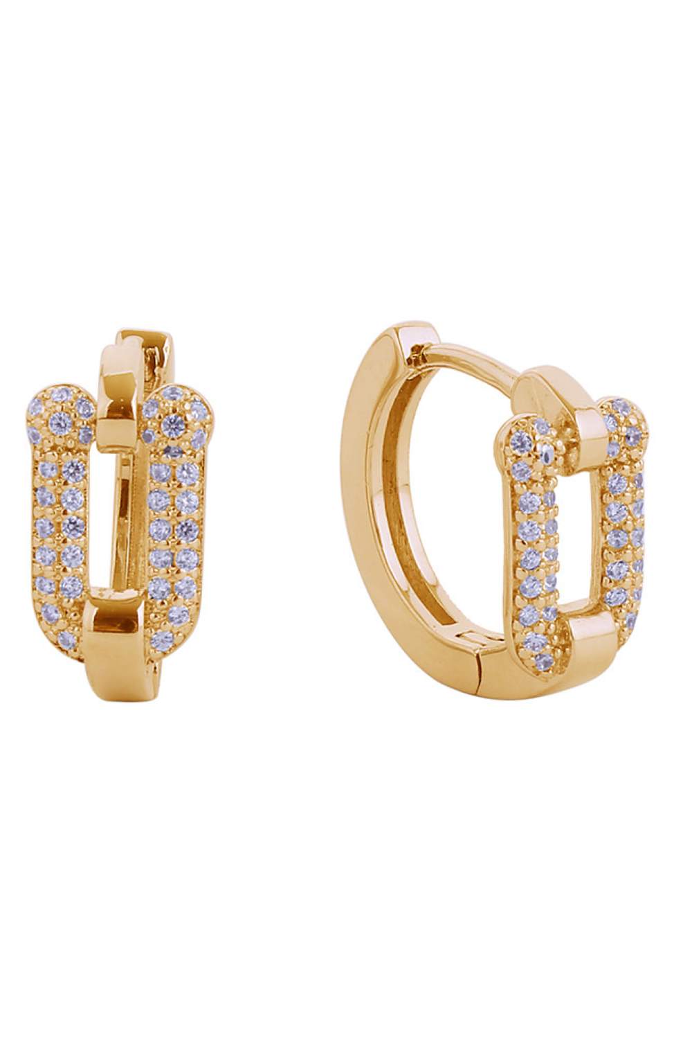 Gold Elegant huggie hoop earrings featuring a luxurious 14K gold and white dip finish. Adorned with sparkling cubic zirconia pavé detailing for a sophisticated sparkle. Crafted from hypoallergenic brass, these petite hoops measure 1.52cm in diameter perfect for everyday wear or special occasions. Lead and nickel compliant for safe, comfortable wear. A timeless addition to any jewelry collection.