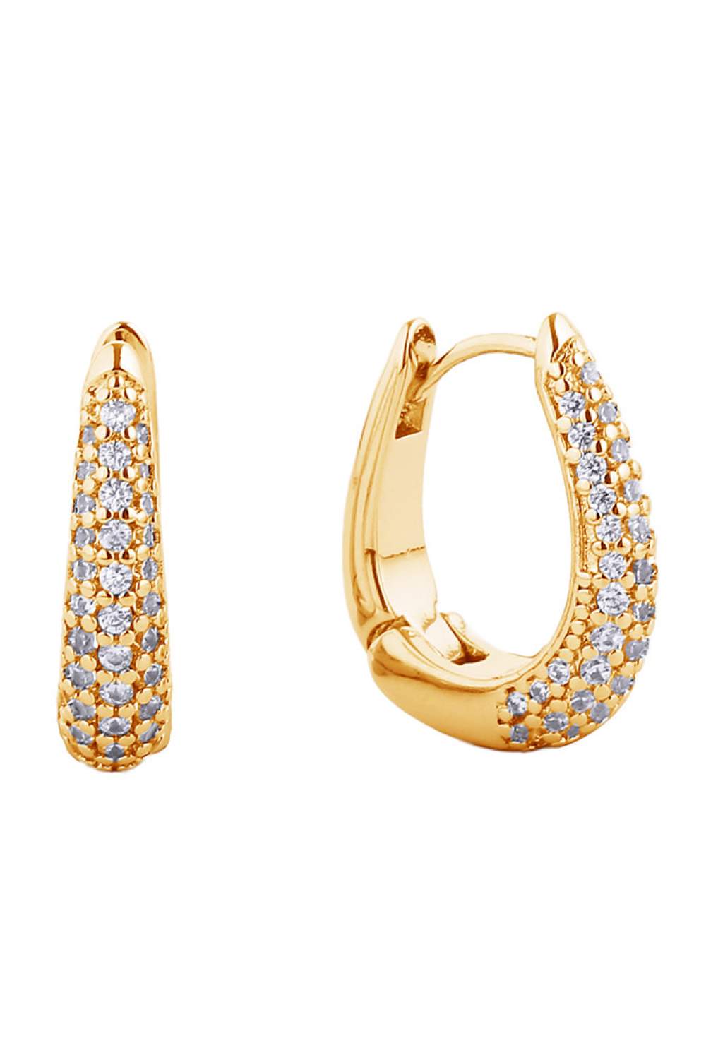 Gold Elevate your everyday look with these stunning 14K Gold and White Gold dipped huggie hoop earrings. Crafted from hypoallergenic brass and adorned with sparkling cubic zirconia pavé detailing, these versatile hoops offer timeless elegance with a modern edge. Measuring 1.78cm in diameter, they're the perfect size for comfortable all-day wear. Lead and nickel compliant, these earrings are safe for sensitive skin and designed to last. Whether you're dressing up or keeping it casual, these huggie hoops are 