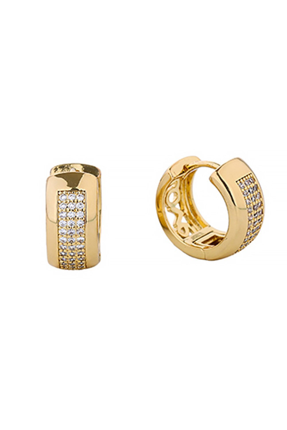 Gold Elevate your everyday look with these stunning 14K Gold and White Gold dipped huggie hoop earrings. Crafted from quality brass and adorned with sparkling cubic zirconia pavé detailing, these earrings deliver luxury appeal at an accessible price point. Measuring 2.11cm in diameter, they offer the perfect balance of presence and wearability. Hypoallergenic construction makes them ideal for sensitive ears, while lead and nickel compliance ensures safe, worry-free wear.