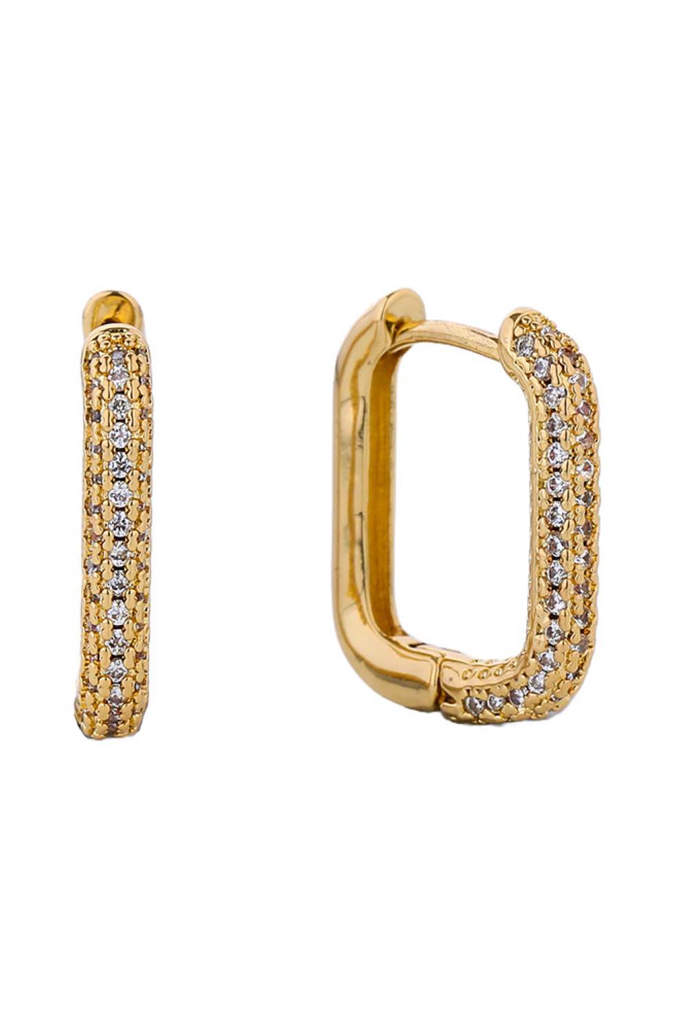 Gold Elevate your everyday elegance with these stunning 14K Gold and White Gold dipped huggie hoops, featuring brilliant cubic zirconia pavé detailing. Crafted from hypoallergenic brass, these versatile earrings are perfect for sensitive skin and designed to complement any look. With a comfortable 2.11cm diameter, they sit beautifully close to the ear for a modern, polished aesthetic. Lead and nickel compliant, these hoops deliver luxury without compromise ideal for layering or wearing solo.