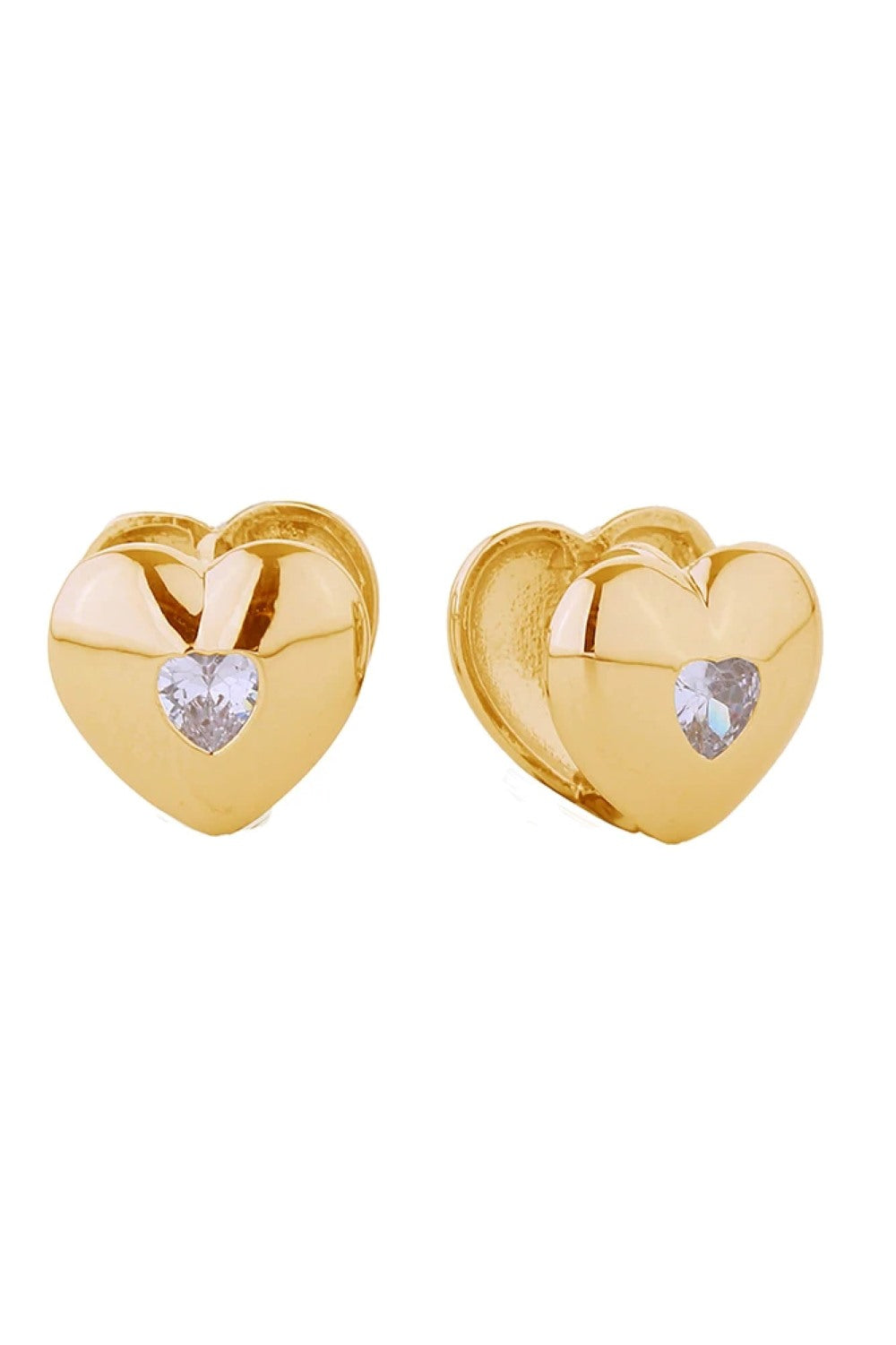 Gold Delicate double heart huggie earrings crafted in 14K gold or white gold-dipped brass. Hypoallergenic design with sparkling cubic zirconia accents. Measuring 1.3cm in diameter, these charming earrings hug the earlobe for a secure, comfortable fit. Lead and nickel compliant for sensitive skin. Expertly made in Korea. Perfect for everyday elegance or layering with other pieces.