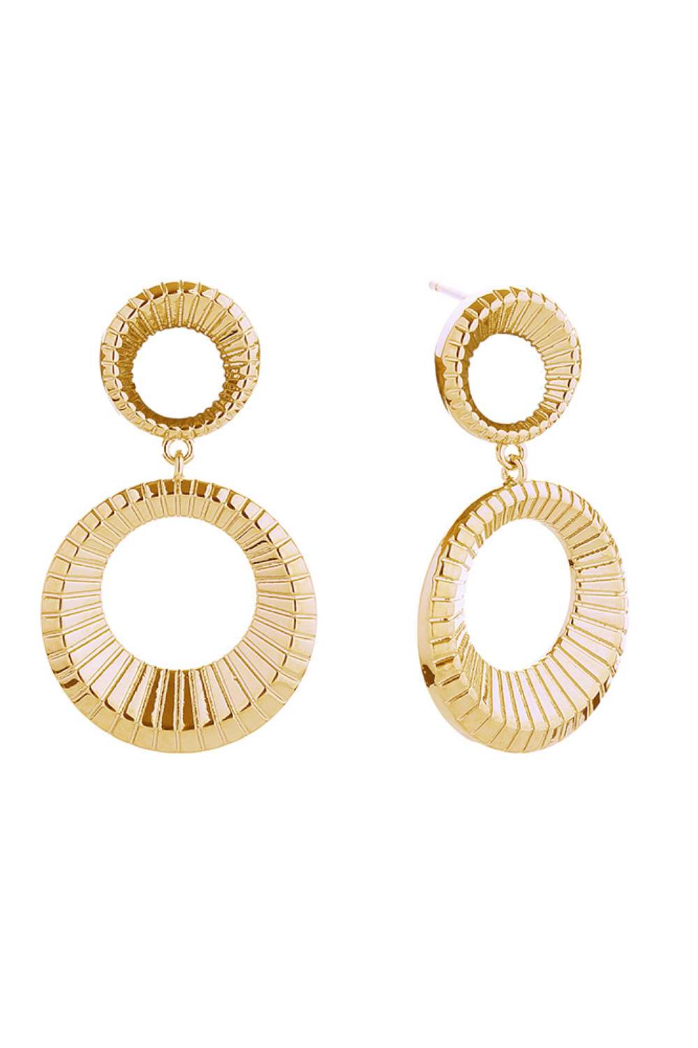 Gold Elegant double loop post earrings crafted in brass with 14K gold or white gold dipping. These hypoallergenic studs measure 2.3cm and are lead and nickel compliant, making them safe for sensitive skin. Expertly made in Korea, they offer timeless style with everyday wearability.