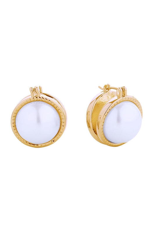 Gold Elegant double pearl pincatch earrings crafted with 14K gold and white gold dipping. Featuring lustrous pearls set in hypoallergenic brass, these delicate 2cm earrings offer timeless sophistication for everyday wear. Lead and nickel compliant for sensitive skin.