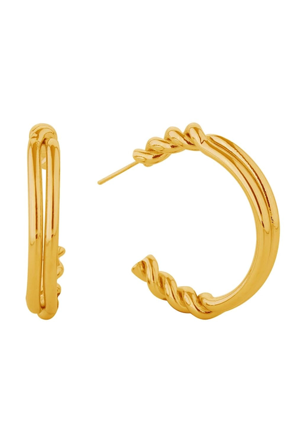 Gold Elegant double wire post earrings crafted in brass with 14K gold or white gold dipping. Measuring 3.5cm in diameter, these lightweight hoops offer a modern, minimalist aesthetic perfect for everyday wear or special occasions. Hypoallergenic construction ensures comfort for sensitive ears. Lead and nickel compliant for safety and peace of mind. Expertly made in Korea with attention to quality craftsmanship. A versatile addition to any jewelry collection that transitions seamlessly from day to night.