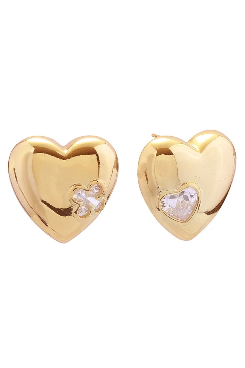 Gold Elegant 14K gold and white dipped post earrings featuring a dreamy heart design adorned with sparkling cubic zirconia pavé stones. Crafted from hypoallergenic brass, these earrings are perfect for sensitive skin. Each earring measures 2.5cm in diameter, offering a delicate yet eye-catching look. Lead and nickel compliant for safe, worry-free wear. An ideal choice for everyday elegance or special occasions.