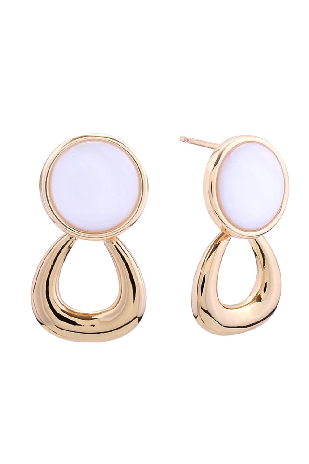 Gold Elegant duo button drop post earrings crafted in brass with white-abalone shell accents, dipped in 14K gold and white gold plating. Each earring features a 2.5cm diameter design that catches light beautifully. Hypoallergenic posts ensure comfortable all-day wear, while lead and nickel compliance guarantees safety and peace of mind. Expertly made in Korea, these versatile earrings transition seamlessly from casual to formal occasions. A timeless addition to any jewelry collection.