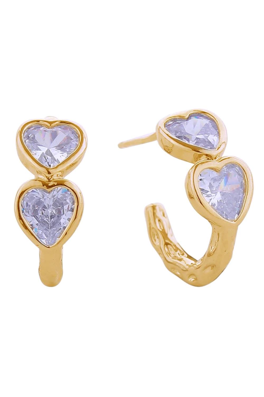 Gold Elegant 14K duo heart cubic zirconia post earrings crafted from hypoallergenic brass. Each earring features a delicate 1.8cm diameter design with sparkling CZ stones that catch the light beautifully. Lead and nickel compliant for safe, comfortable everyday wear. Perfect for adding a touch of sophistication to any look.