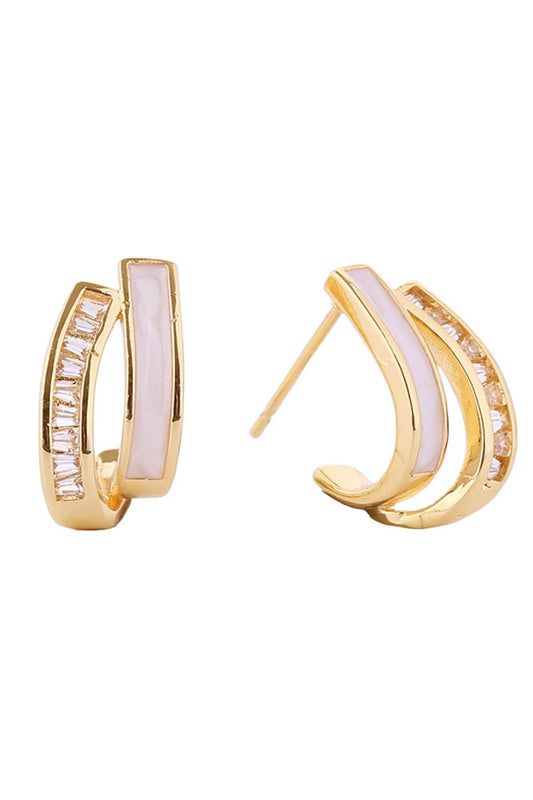 Gold Elegant J-shaped post earrings crafted in brass with 14K gold and white gold dipping. Features sparkling cubic zirconia stones for timeless sophistication. Measuring 1.8cm, these hypoallergenic earrings are perfect for sensitive skin. Lead and nickel compliant for safe, everyday wear. Expertly made in Korea.