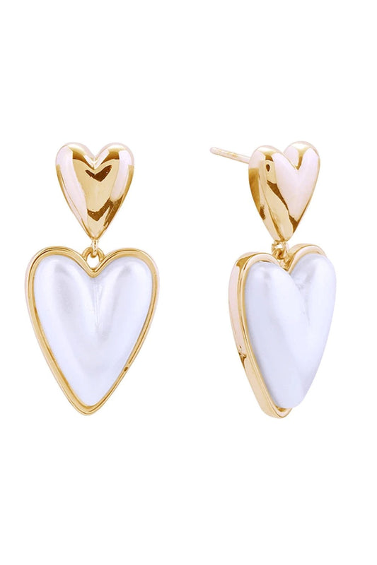 Gold Elegant duo loving heart post earrings crafted in brass with 14K gold and white gold dipping. Hypoallergenic design with pearl accents, measuring 3.2cm in diameter. Lead and nickel compliant for sensitive skin. Expertly made in Korea for timeless sophistication and comfort.