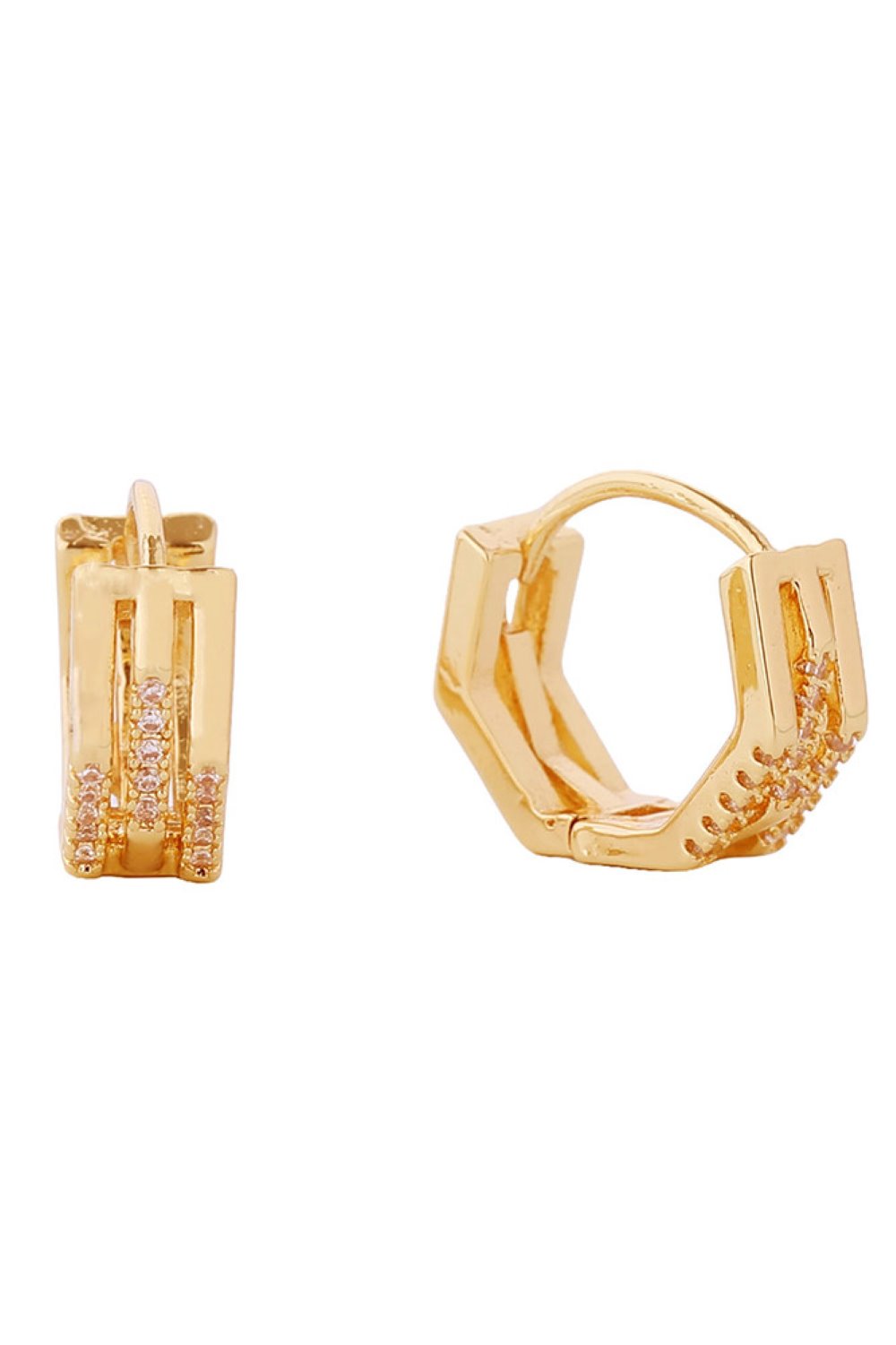 Gold Elevate your everyday look with these stunning 14K Duo Octagon Huggie Earrings. Crafted in Korea with a luxurious gold and white gold dipped finish, these petite 1.5cm huggies feature brilliant cubic zirconia stones that catch the light beautifully. Made from hypoallergenic brass, they're gentle on sensitive skin and fully lead and nickel compliant for worry-free wear. The octagon design adds modern sophistication to any outfit, from casual to dressed up.