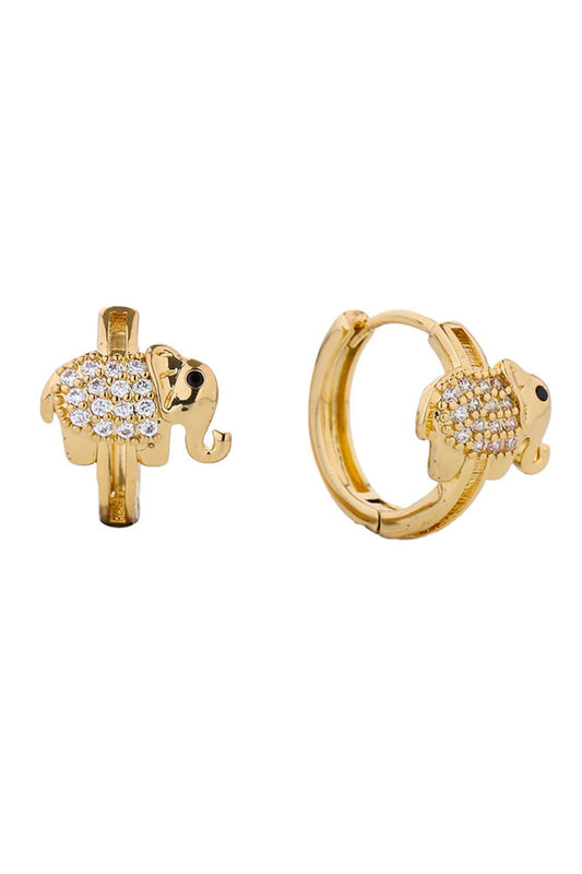 Gold Elegant elephant-shaped huggie hoops crafted in 14K gold and white gold plating. Adorned with sparkling cubic zirconia pavé detailing for a luxurious finish. These hypoallergenic earrings feature a comfortable 2.11cm diameter design perfect for everyday wear or special occasions. Crafted from quality brass with lead and nickel-free construction, ensuring safety and durability. A charming statement piece that combines playful design with timeless sophistication.