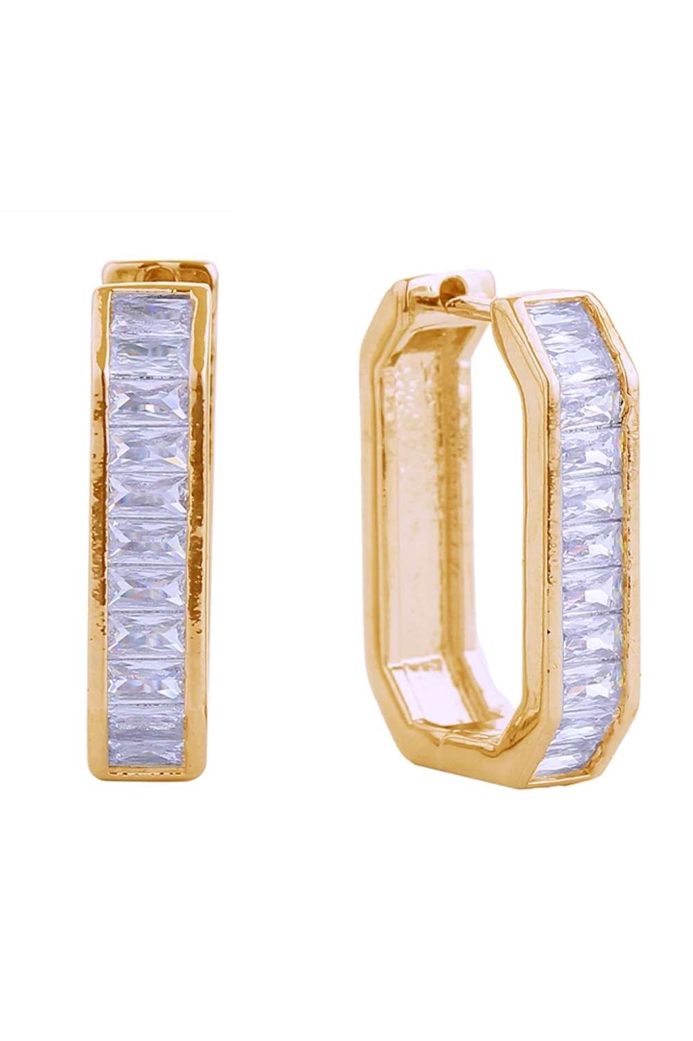 Gold Elevate your everyday elegance with these stunning 14K Gold/White Gold Dipped Huggie Earrings. Featuring a luxurious emerald center stone surrounded by sparkling cubic zirconia pavé detailing, these versatile beauties work seamlessly from day to night. Crafted from hypoallergenic brass with a premium gold dip finish, they're gentle on sensitive ears while delivering maximum sparkle. At 2.4cm in diameter, the perfect size for a subtle yet sophisticated statement.