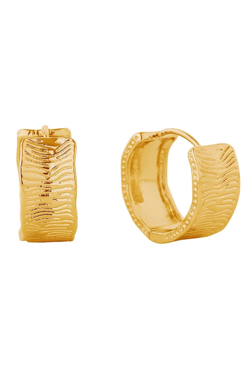 Gold Delicate 14K gold and white gold dipped huggie hoop earrings crafted from hypoallergenic brass. Each pair features intricate engraving detail and measures 2cm in diameter for a subtle, everyday look. Lead and nickel compliant for sensitive skin. Expertly made in Korea.
