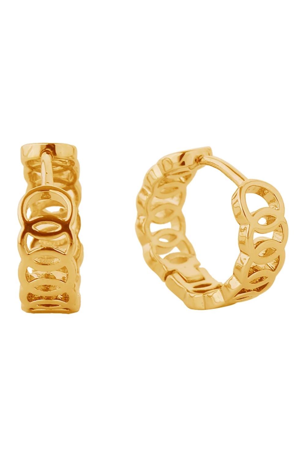 Gold Elegant huggie earrings featuring a timeless eternity ring design, dipped in luxurious 14K gold or white gold. Crafted from hypoallergenic brass, these earrings are perfect for sensitive skin and everyday wear. With a delicate 1.5cm diameter, they offer a subtle yet sophisticated look. Lead and nickel compliant for safety and peace of mind. Expertly made in Korea with attention to detail and quality craftsmanship.