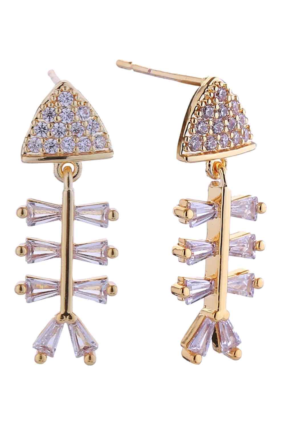 Gold Elegant fish bone design crafted in 14K gold and white dipped brass, adorned with sparkling cubic zirconia pavé stones. These hypoallergenic post earrings measure 1.05cm in diameter, making them perfect for everyday wear or special occasions. Lead and nickel compliant for sensitive skin. A timeless addition to any jewelry collection.