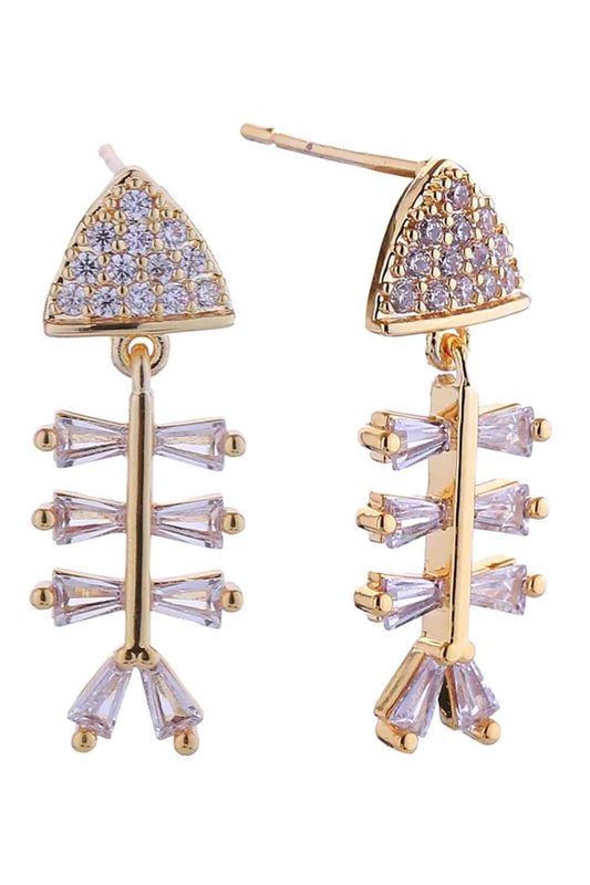 Gold Elegant fish bone design crafted in 14K gold and white dipped brass, adorned with sparkling cubic zirconia pavé stones. These hypoallergenic post earrings measure 1.05cm in diameter, making them perfect for everyday wear or special occasions. Lead and nickel compliant for sensitive skin. A timeless addition to any jewelry collection.