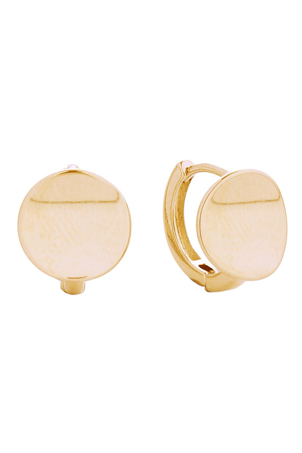 Gold Elegant flat disk huggie earrings crafted in brass with 14K gold and white gold dipping. These minimalist studs measure 2cm and hug close to the ear for a refined, understated look. Hypoallergenic design ensures comfort for sensitive skin. Lead and nickel compliant for peace of mind. Expertly made in Korea, these versatile earrings transition seamlessly from day to night.
