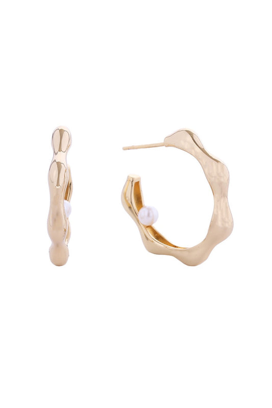 Gold Elegant 14K gold and white gold dipped hoop earrings featuring lustrous floating pearls. Crafted from hypoallergenic brass with pearl accents, these 2.7cm earrings are perfect for everyday wear and special occasions alike. Lead and nickel compliant for sensitive skin. Expertly made in Korea with timeless design that complements any style.