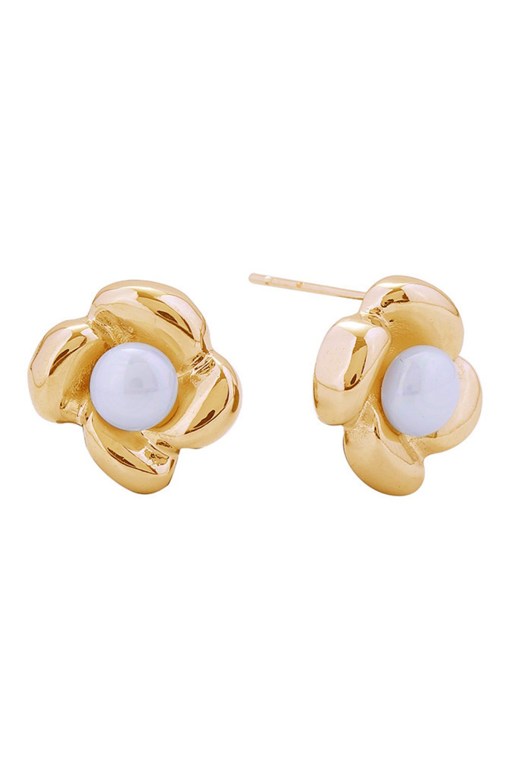 Gold Delicate flower-shaped post earrings featuring lustrous pearls with 14K gold and white dipping. Crafted from hypoallergenic brass, these studs are gentle on sensitive ears and compliant with lead and nickel regulations. Each earring measures 1.5cm in diameter, offering an elegant everyday look. Perfect for adding a touch of timeless sophistication to any outfit.