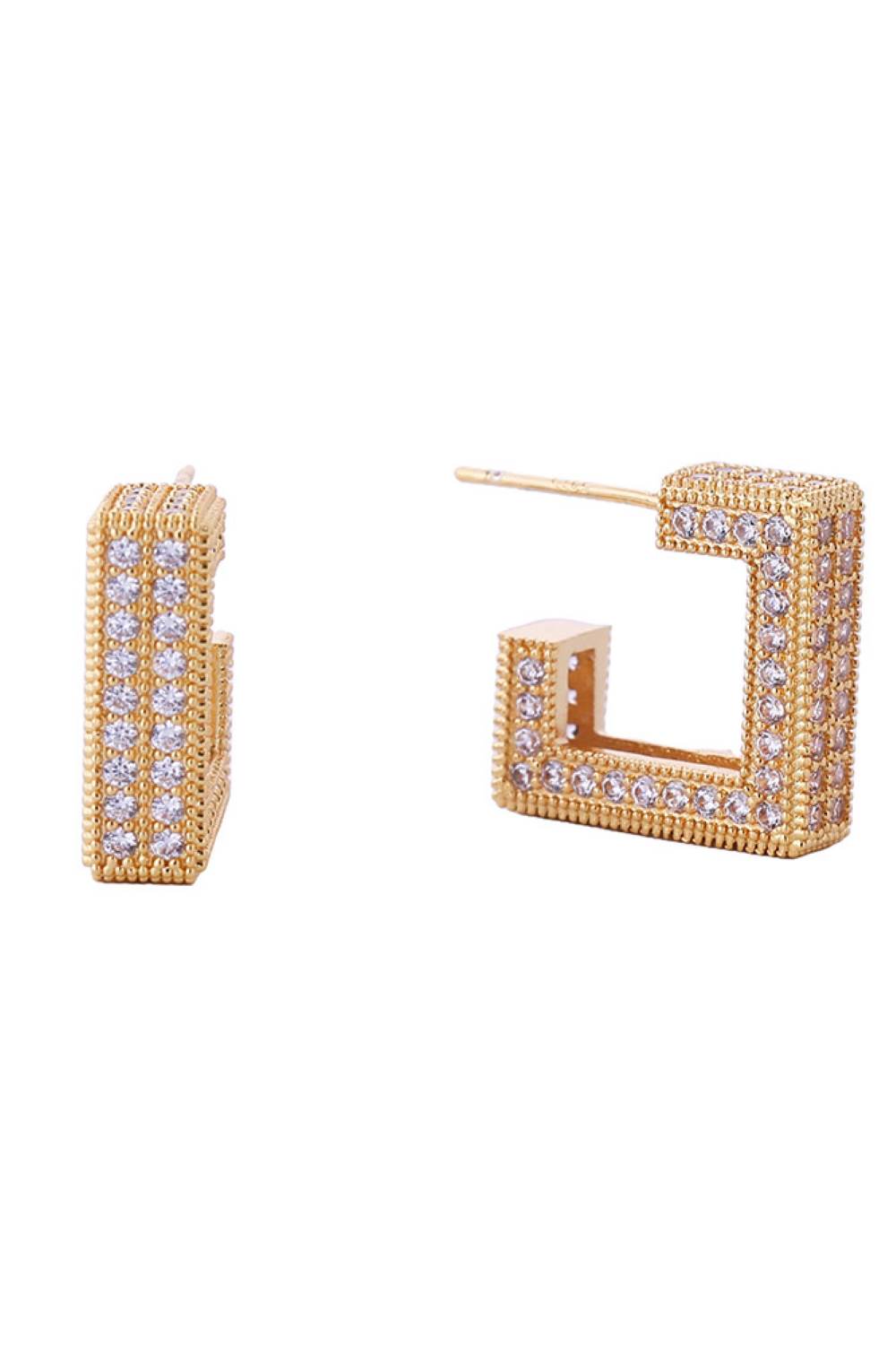 Gold Elevate your everyday look with these stunning 14K Gold/White Gold dipped geometric post earrings. Crafted from hypoallergenic brass and adorned with sparkling cubic zirconia pavé detailing, these 1.8cm studs offer timeless elegance with a modern edge. Perfect for sensitive ears, they're lead and nickel compliant for worry-free wear. Expertly made in Korea, these versatile earrings transition seamlessly from day to night, adding a touch of sophistication to any outfit.