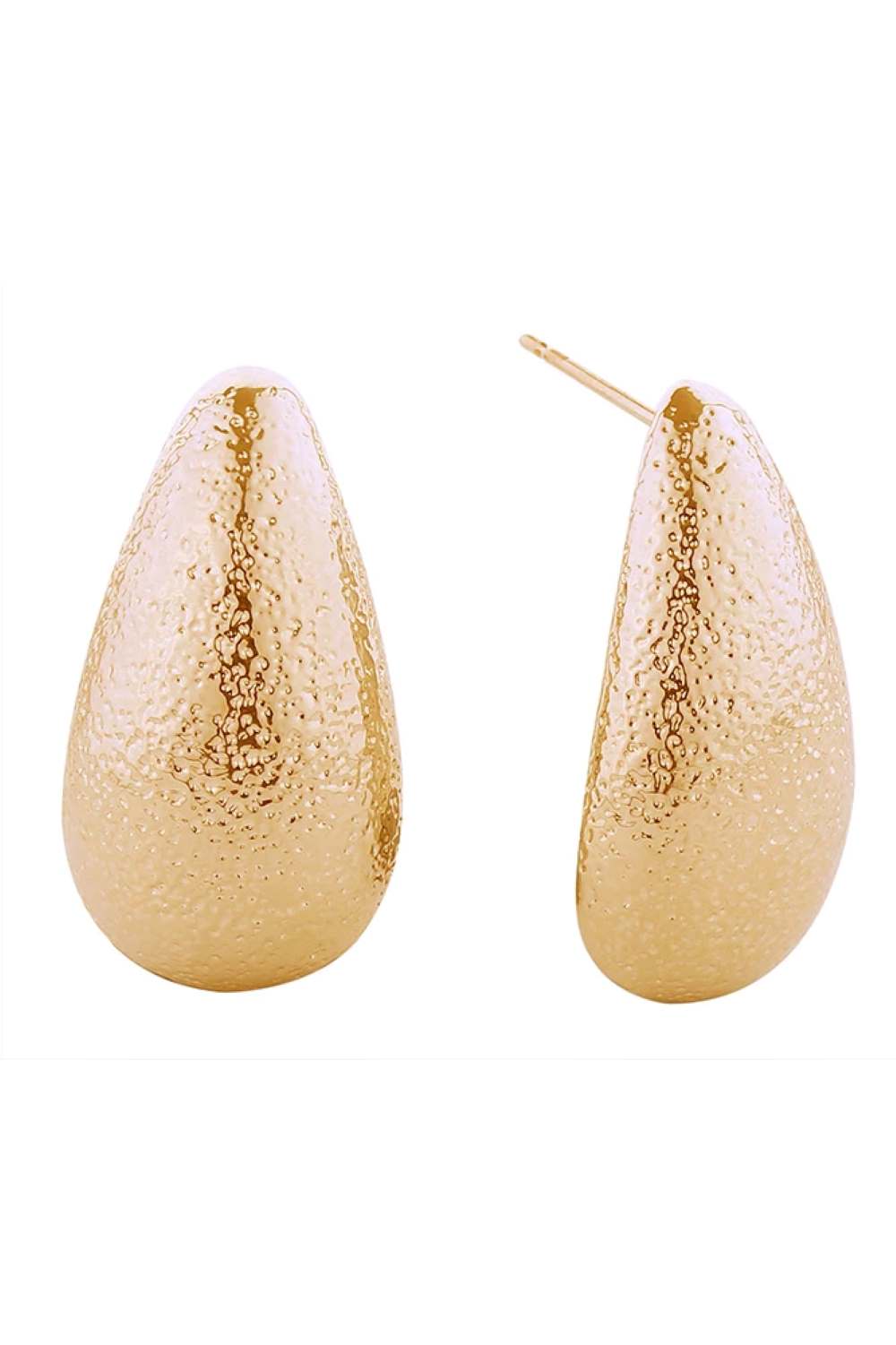 Gold Elegant teardrop post earrings featuring a shimmering glitter texture finish. Crafted from hypoallergenic brass, these earrings are perfect for sensitive skin and everyday wear. With a generous 2.7cm diameter, they make a subtle yet sophisticated statement. Lead and nickel compliant for safe, worry-free styling. Secure post backs ensure comfortable all-day wear.