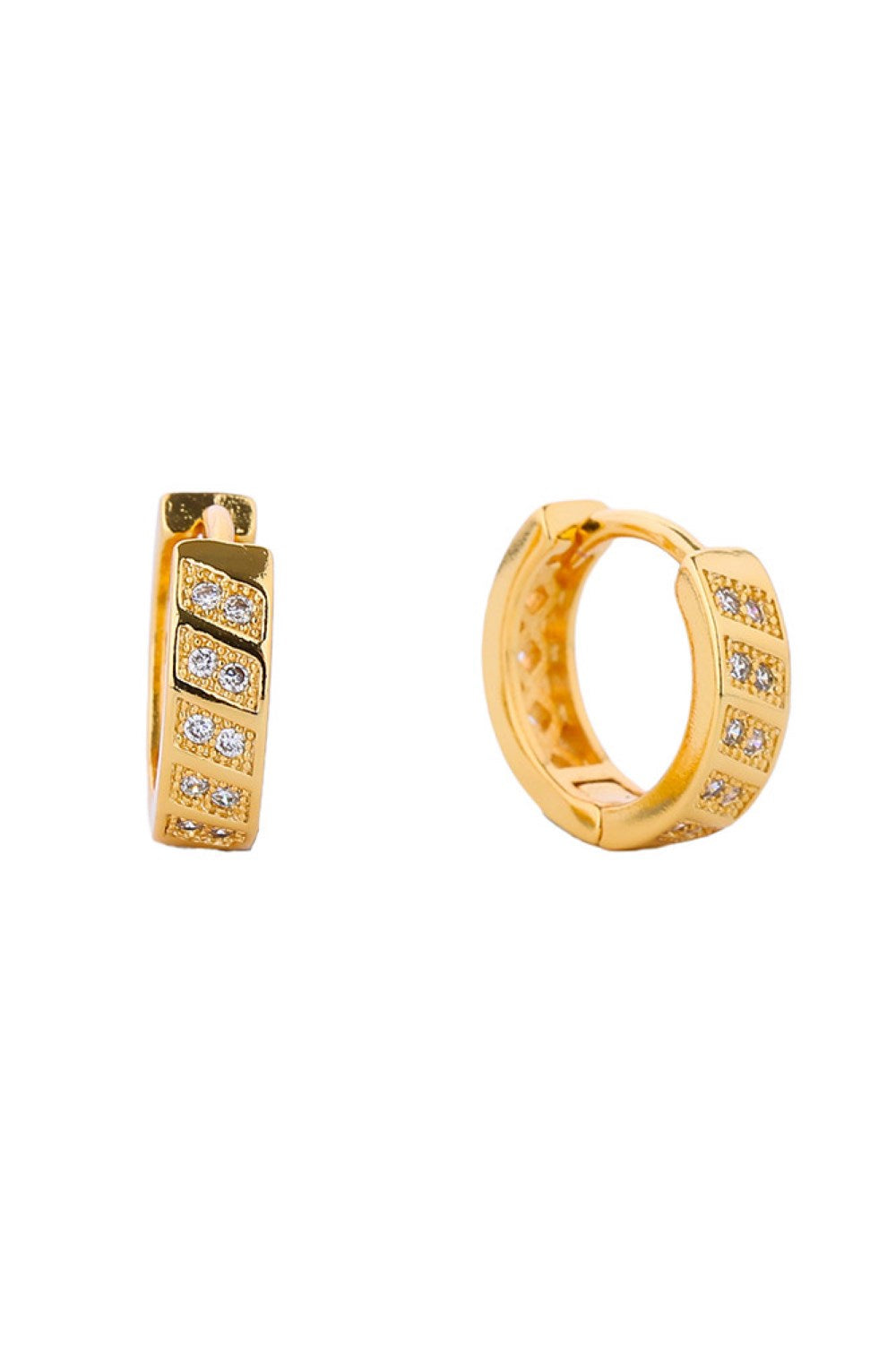 Gold Delicate 14K gold-dipped huggie hoops featuring sparkling cubic zirconia pavé detailing. These petite earrings measure 1.4cm in diameter, perfect for everyday elegance or layering. Crafted from hypoallergenic brass with lead and nickel-free construction, they're gentle on sensitive ears. The lustrous gold finish catches light beautifully while maintaining durability. Ideal for those seeking timeless, minimalist jewelry that doesn't compromise on style or comfort.