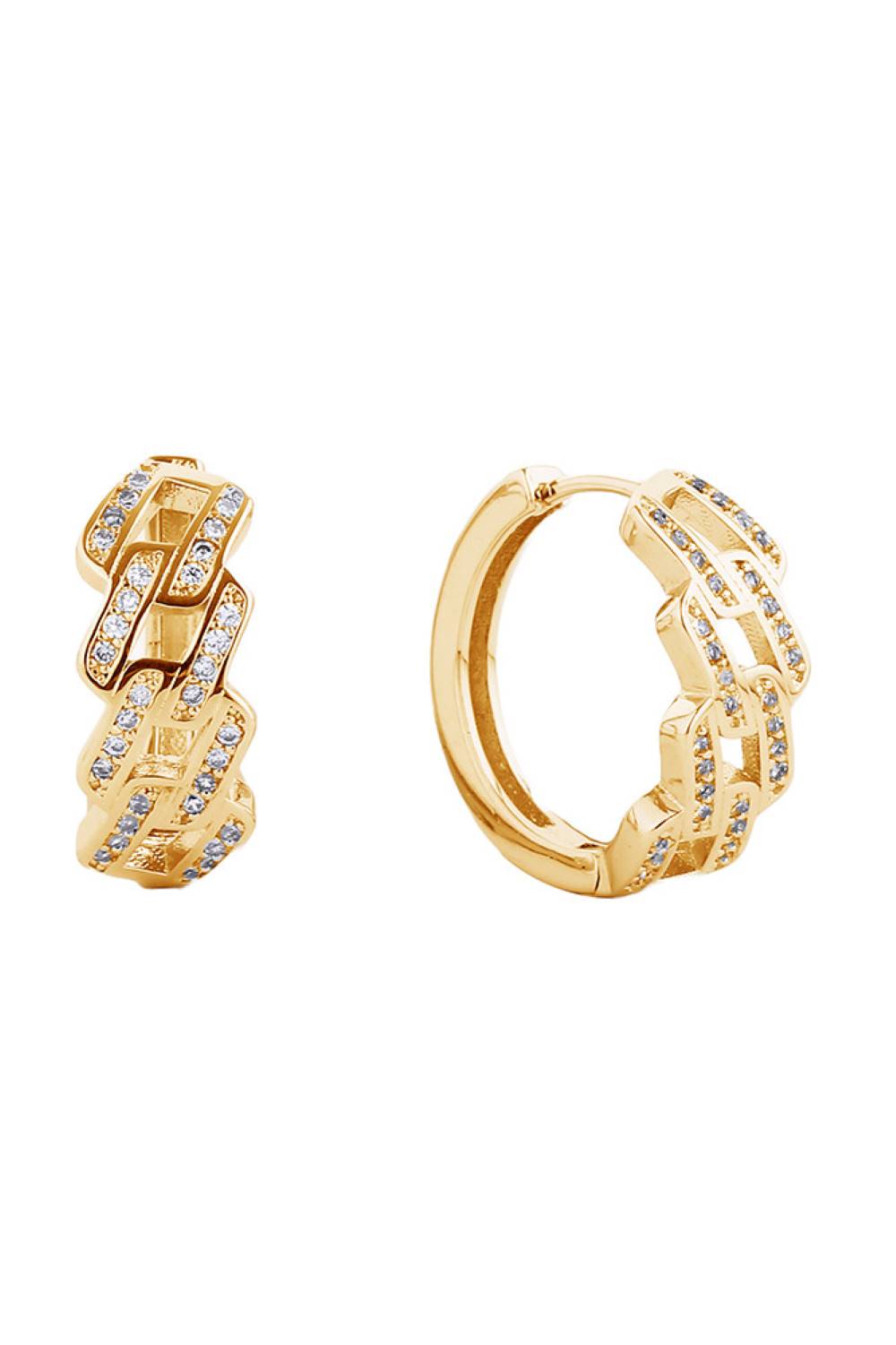 Gold Elegant huggie hoop earrings featuring a luxurious 14K gold and white dip finish. Adorned with sparkling cubic zirconia pavé detailing for a sophisticated shimmer. Crafted from hypoallergenic brass, these petite hoops measure 1.78cm in diameter—perfect for everyday wear or special occasions. Lead and nickel compliant for safe, comfortable styling. A timeless addition to any jewelry collection.