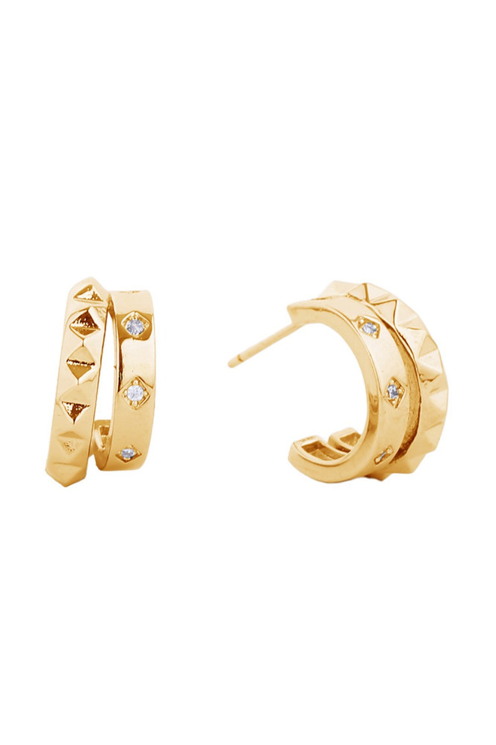 Gold Elegant post earrings featuring a lustrous 14K gold and white dip finish, adorned with sparkling cubic zirconia pavé detailing. Crafted from hypoallergenic brass, these earrings are perfect for sensitive skin. With a delicate 1.52cm diameter, they offer a refined, versatile look suitable for everyday wear or special occasions. Lead and nickel compliant for safe, worry-free enjoyment.