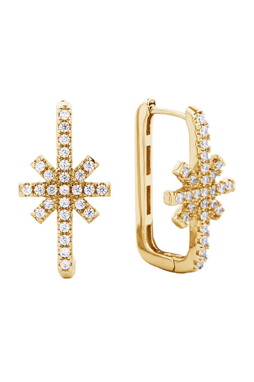 Gold Elegant huggie hoops that combine timeless style with everyday wearability. Crafted with 14K gold and white gold dipping over brass, these hoops feature sparkling cubic zirconia pavé detailing for added glamour. The compact 2.29cm diameter sits snugly against the ear for a refined, secure fit. Hypoallergenic construction and lead and nickel compliance make them ideal for sensitive skin. Perfect for layering or wearing solo, these versatile hoops transition seamlessly from day to night.