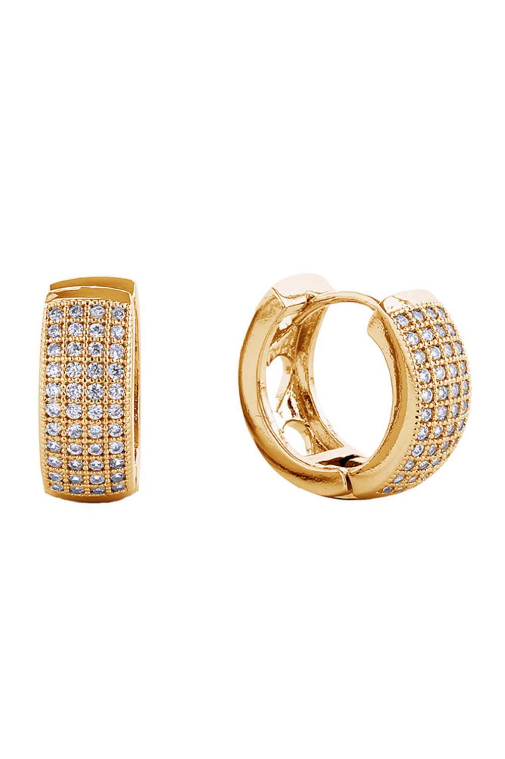 Gold Elegant huggie hoops featuring a luxurious 14K gold or white gold dip finish with sparkling cubic zirconia pavé detailing. Crafted from hypoallergenic brass, these 1.78cm diameter hoops are perfect for everyday wear and sensitive ears. Lead and nickel compliant for safe, worry-free styling. A timeless addition to any jewelry collection.