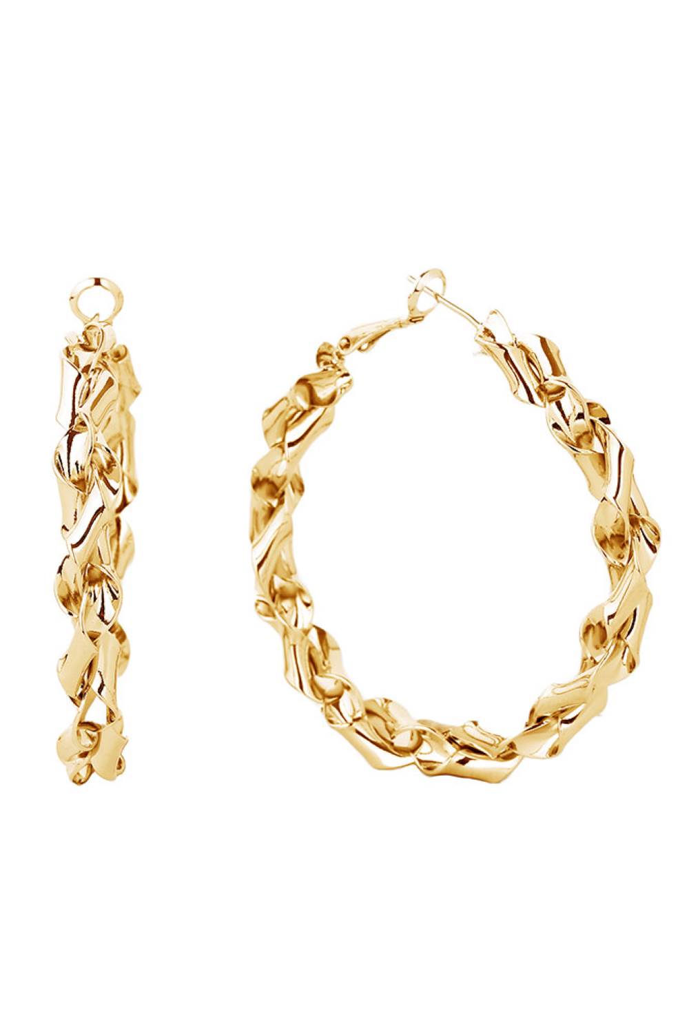 Gold Elegant post hoop earrings featuring a luxurious 14K gold and white gold dip finish. Crafted from hypoallergenic brass, these earrings are perfect for sensitive skin. With a generous 3.99cm diameter, they make a subtle yet sophisticated statement. Lead and nickel compliant for safe, worry-free wear. A versatile addition to any jewelry collection.