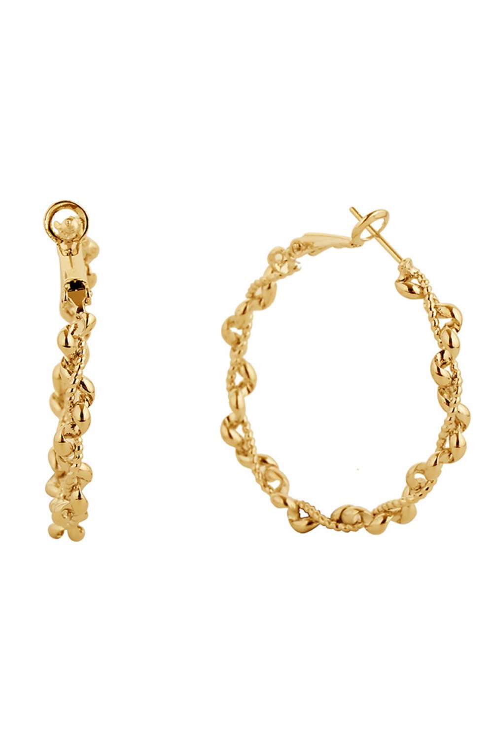 Gold Elegant hoop earrings crafted from hypoallergenic brass with a luxurious 14K gold and white gold dip finish. Featuring a secure omega closure for all-day comfort and confidence. With a generous 3.99cm diameter, these versatile hoops make a graceful statement whether worn casually or dressed up for special occasions.