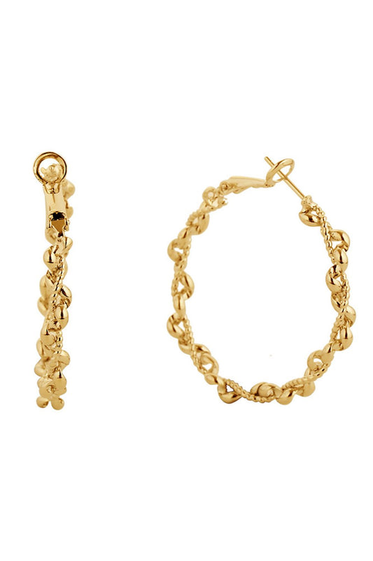 Gold Elegant hoop earrings crafted from hypoallergenic brass with a luxurious 14K gold and white gold dip finish. Featuring a secure omega closure for all-day comfort and confidence. With a generous 3.99cm diameter, these versatile hoops make a graceful statement whether worn casually or dressed up for special occasions.