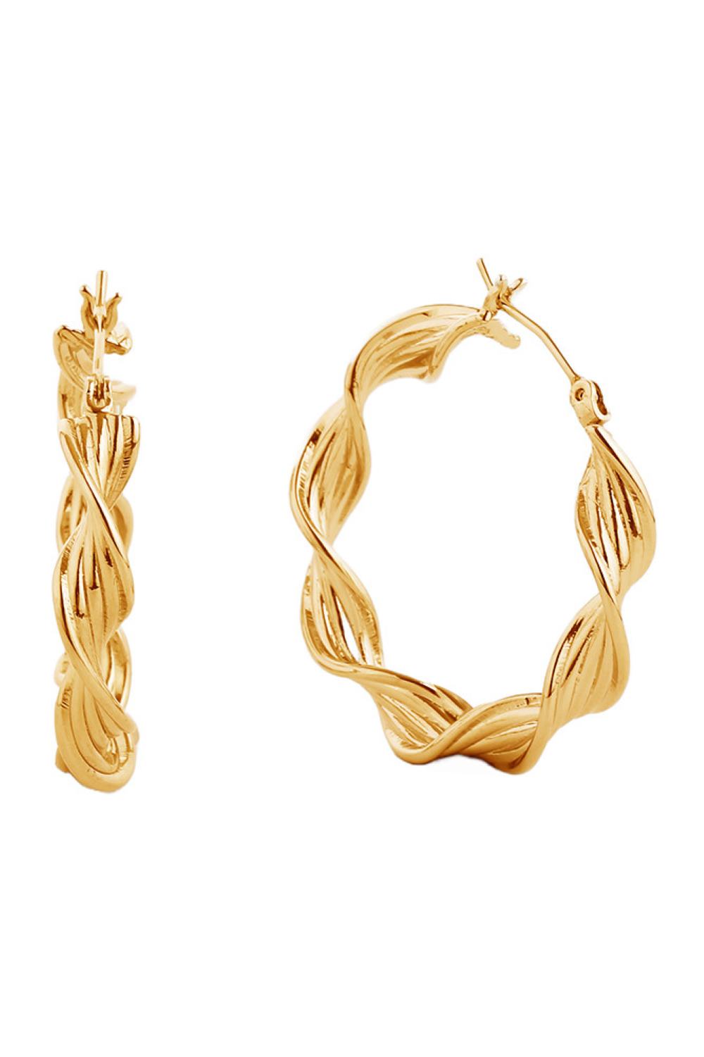 Gold Elegant 14K gold and white gold dipped hoop earrings featuring a secure pin catch closure. Crafted from hypoallergenic brass, these versatile hoops measure 3.4cm in diameter—the perfect size for everyday wear or special occasions. Lead and nickel compliant, ensuring safe, comfortable wear for sensitive skin. Timeless design meets quality craftsmanship in this essential jewelry piece.